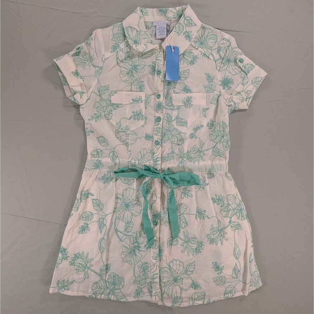 I.I. Cielo Button Down Shirt Dress Drawstring Waist Hi Low Size M Floral Teal